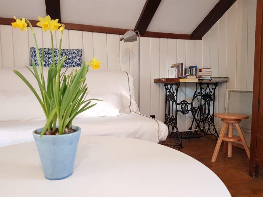 Schlafzimmer mit Ausziehcouch, Blumentof und Beistelltisch mit Büchern